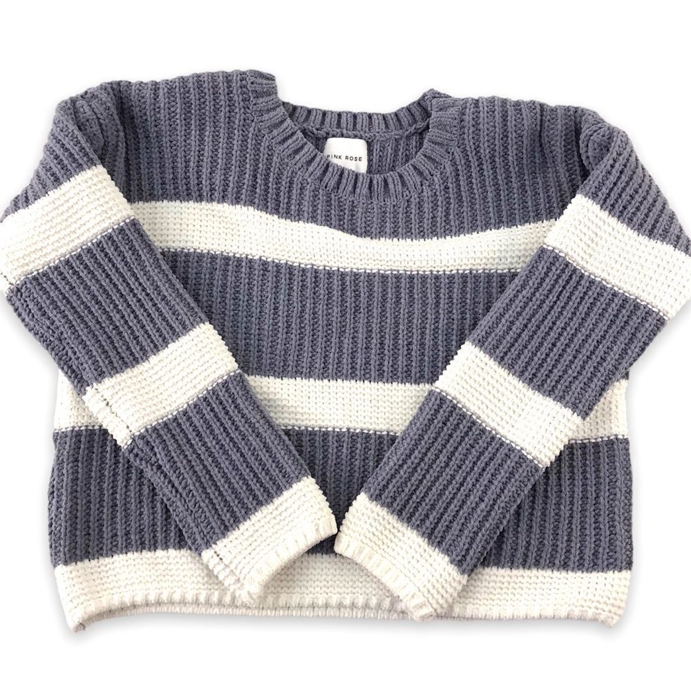 Pink Rose bulky knit blue/gray & white stripe‎ cropped sweater size S